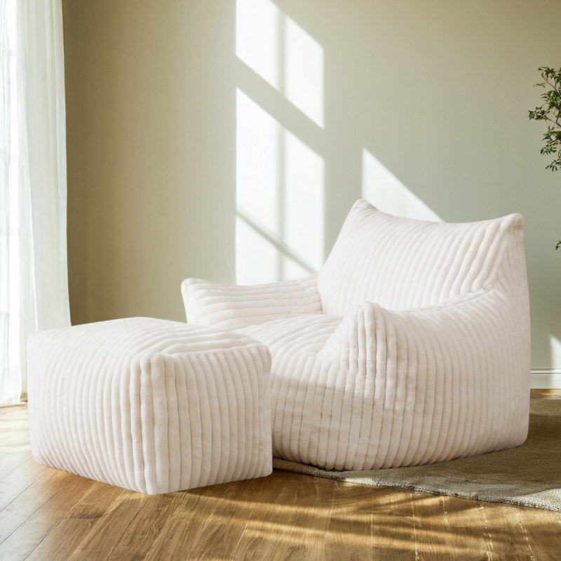 Large Corduroy Compression Bean Bag Chair with Ottoman Memory Foam Lazy Floor Sofa, Beige Polyester Blend