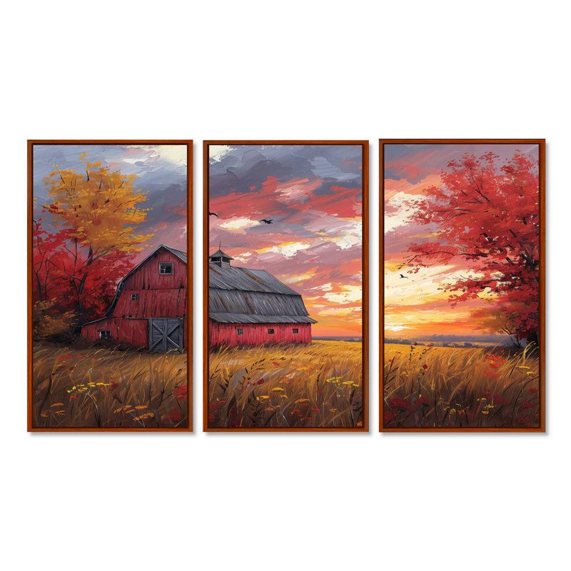 «Autumn Red Barn Breeze II», ensemble de reproductions d'art mural, Cadre flottant brun, H 32 po x l 48 po x P 1 po
