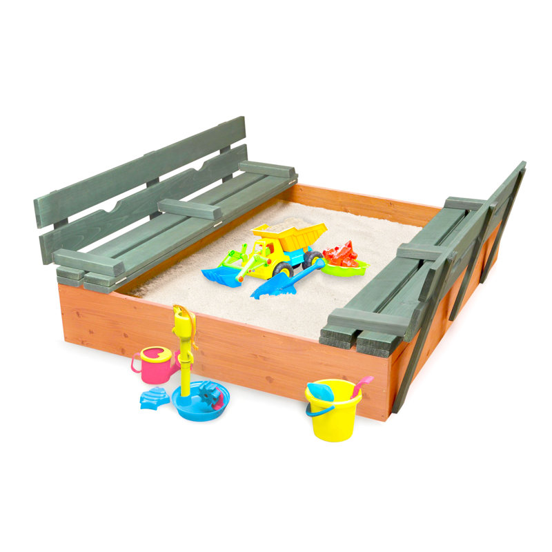 Natural Green Cedar Wood Square Sandbox with Convertible Bench Seats