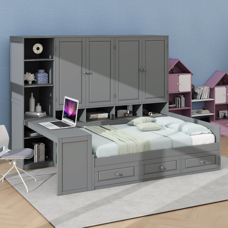 Lit de jour en bois avec trois tiroirs, rangement intégré et espace de travail, Lit double, Gris