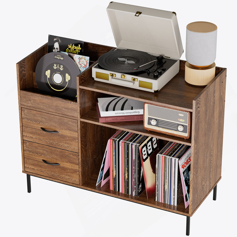 Record Player Stand With Storage For 500+ Albums, Mid-Century Modern Turntable Shelf & Drawers  Sturdy Wood & Metal Audio Console For Living Room