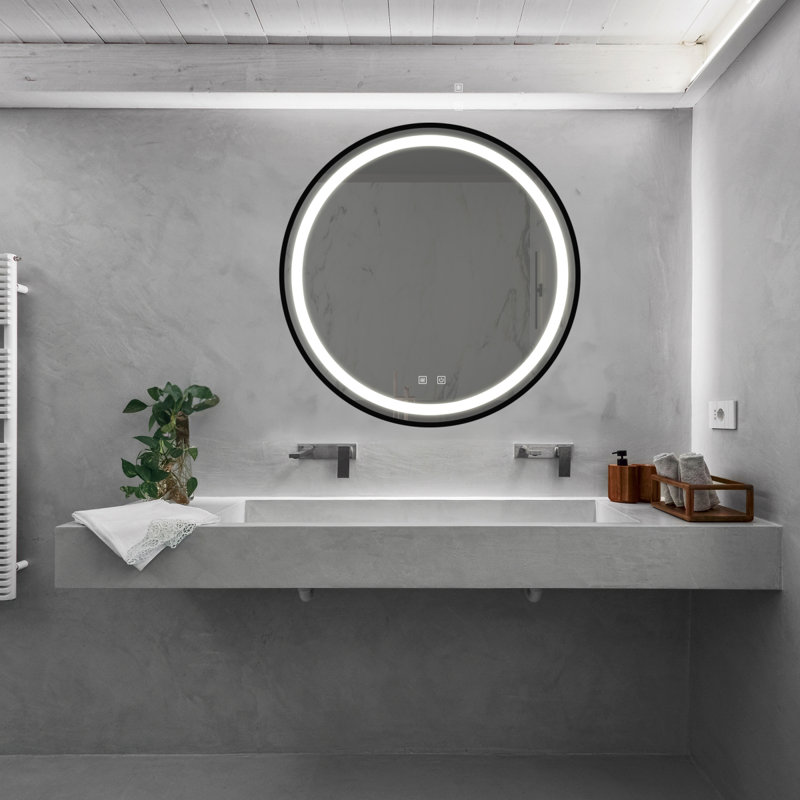 Miroir de meuble-lavabo de salle de bain 24 pouces avec fond de panier, cadre en alliage d'aluminium noir, luminosité élevée, tactile à intensité variable, contrôle de l'interrupteur mural, antibuée, IRC 95 réglable 3000K4500K6000K, étanche IP54