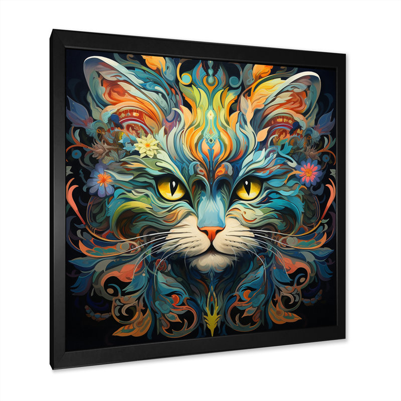 Chat sarcelle cosmique avec regard mystérieux sur toile, Cadre simple noir, H 36 po x l 36 po x P 1,5 po
