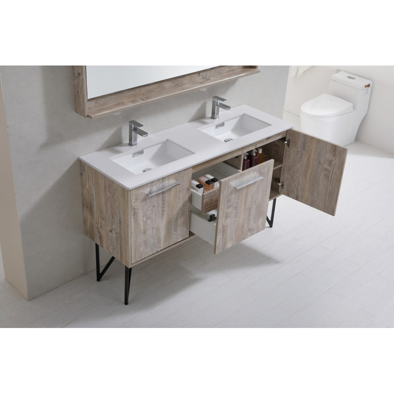 Almaraz 59.125'' Double Bathroom Vanity with Quartz Top, Nature Wood