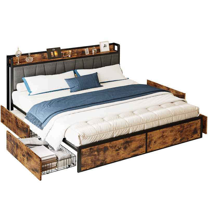Brown And Gray California King Size Bed, 4 Drawers, Charging Headboard, Stable And Quiet, Spring-free, Easy To Install.