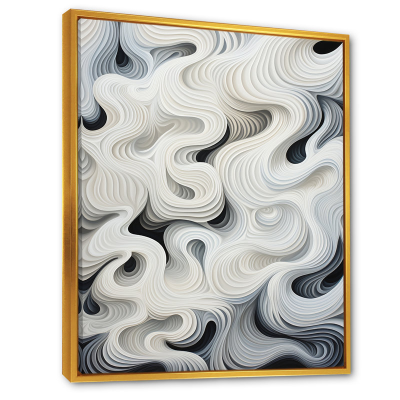 Monochromes Op Art vagues noires et blanches I, Cadre flottant doré, H 40 po x l 30 po x P 1,5 po