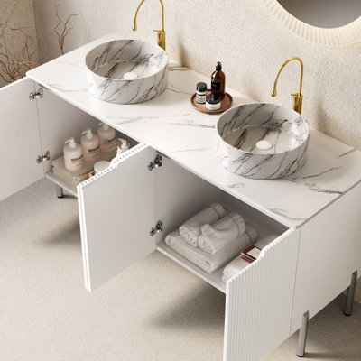 White 60" Freestanding Bathroom Vanity With Stone - Ceramic Basins, 4 Door Storage, Counter, Soft Close Damper For System,