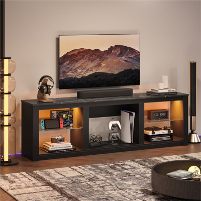 Kruszewski 70" TV Stand Fits TVs Up To 75" with LED Lights Glass Shelves and Open Storage