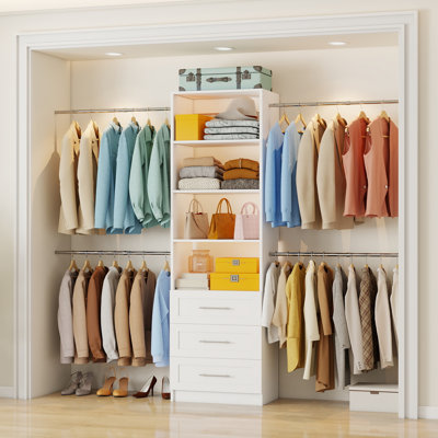 48“-108" Closet Organizer System with 3 Wooden Drawers, 4 Expandable Rods & Adjustable Shelves