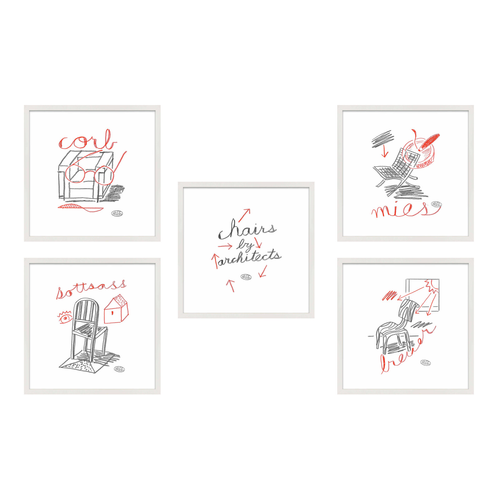 Amir "Chairs" 5-Piece Print Set by Jeff Jackson, White Single Picture Framed Paper, 20" W x 20" H