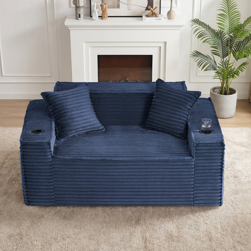 Boneless 61'' W Oversized Foam Sofa Loveseat with Pillows, Compression Corduroy 2-Seater Sofa Upholstered Couch with 2 Cup Holders for Living Room, Bedroom, Apartment, Office