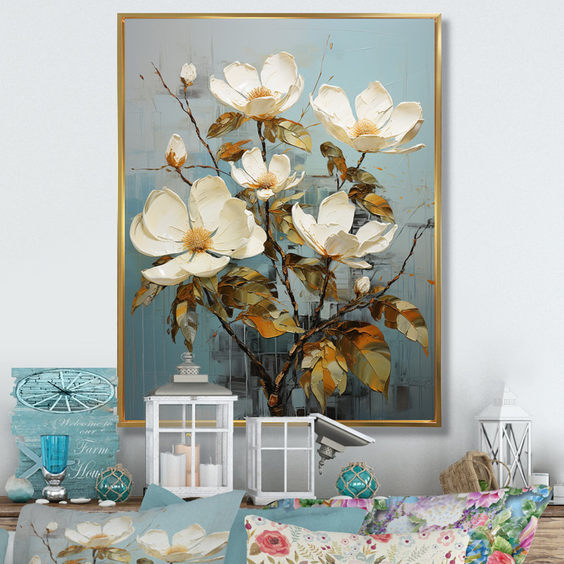 «White Green Magnolias Southern Charm Patchwork» sur toile, H 32 po x l 16 po x P 1 po, Cadre flottant doré