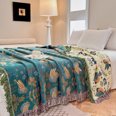 Couverture en coton - pompons jacquard teints en fil
