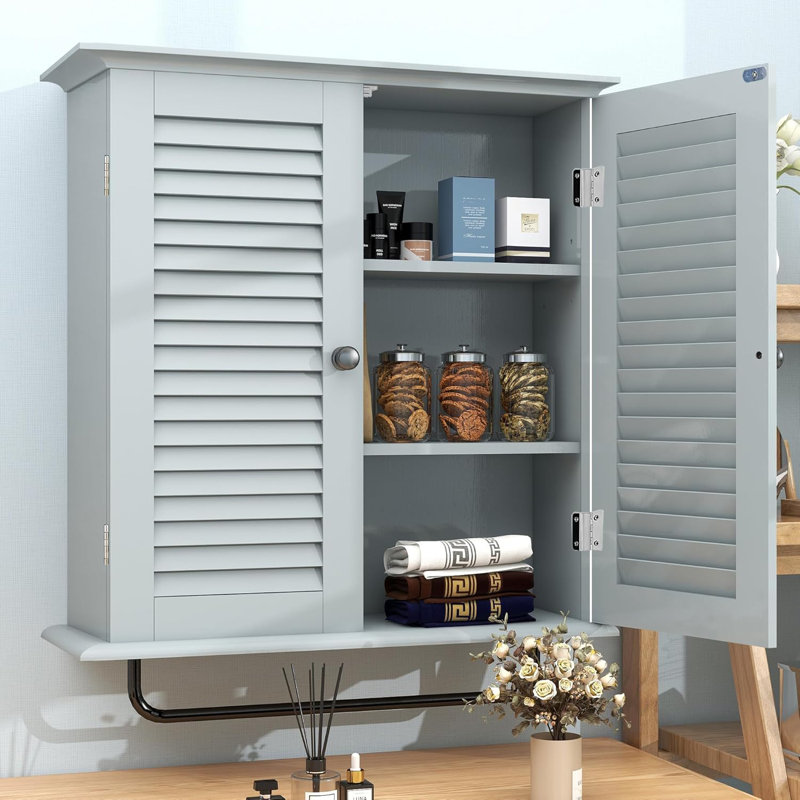 Armoire de salle de bain murale avec portes à enroulement double et tablettes réglables à trois niveaux, Gris