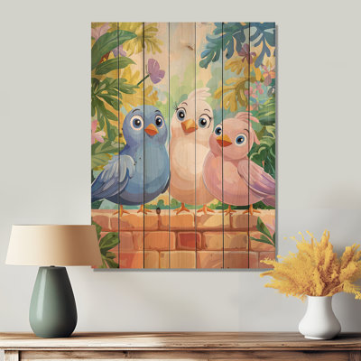 Funny Family Of Dove Cartoons - Nursery's Wood Wall Art On Natural Pine Wood