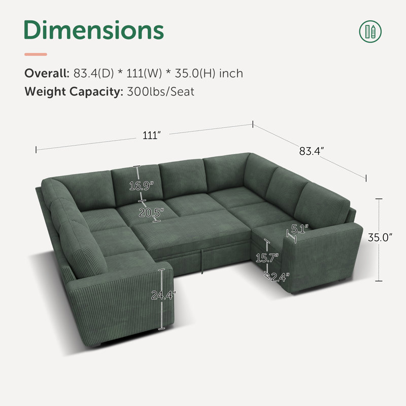 Canapé-lit modulaire convertible en U Anureet Latitude Run®, Couduroy vert