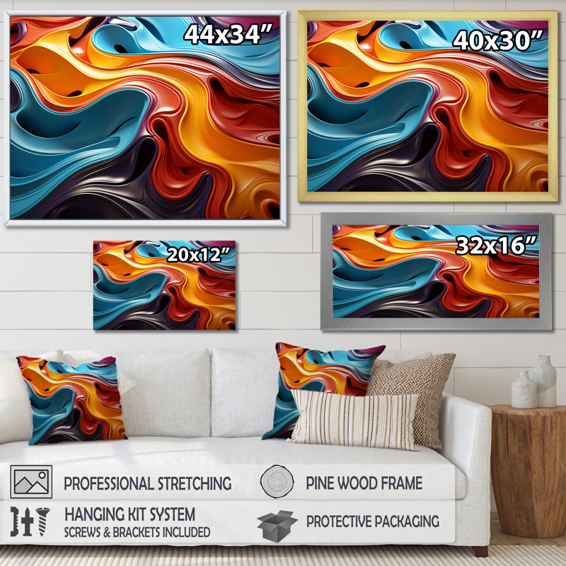 Multicolore Op Art Mirage fluide sur toile, Cadre doré simple, H 16 po x l 32 po x P 1 po