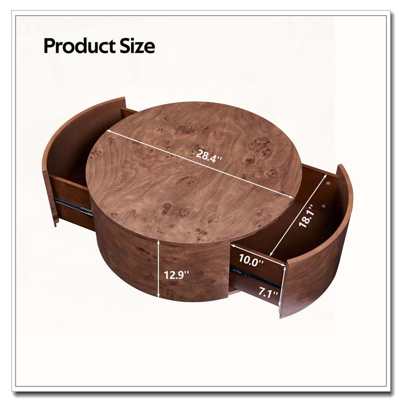 Table basse rotative en bois avec 2 tiroirs, plateau tournant à 360 °