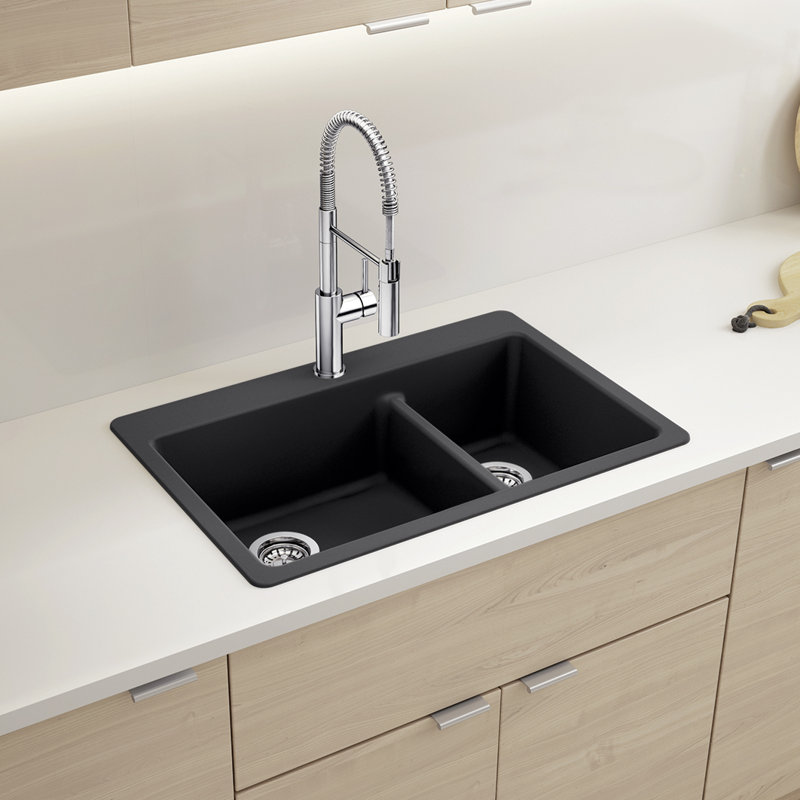 Liven SILGRANIT 33" L x 22" W Double Basin Drop-In/Undermount Kitchen Sink, Café
