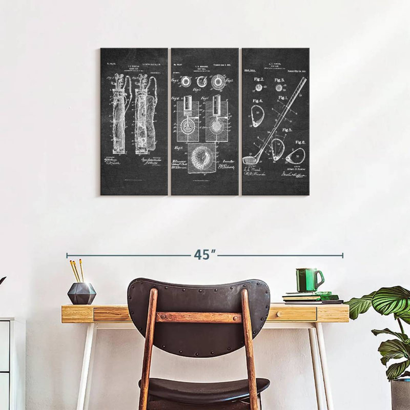 Ensemble de 3 pièces de brevet de golf sur toile, H 24 po x l 38 po x P 1,25 po