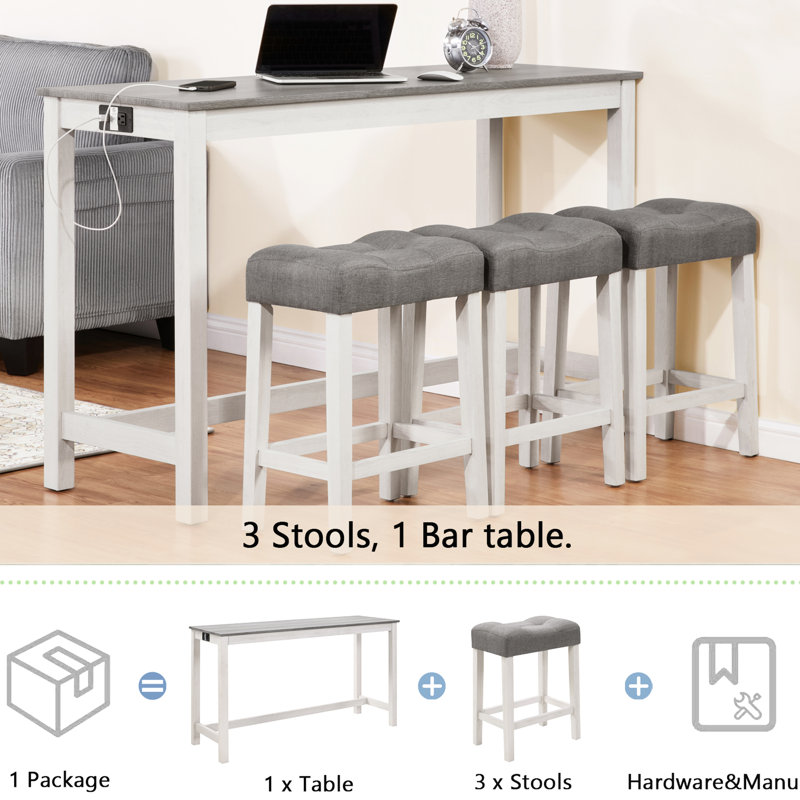 Table de bar 4 pièces, avec prise de courant, et type C, rustique imitation grain de bois, tabourets de selle confortables, pour éditer la photographie avec charge, table rectangulaire, casse-tête rembourré