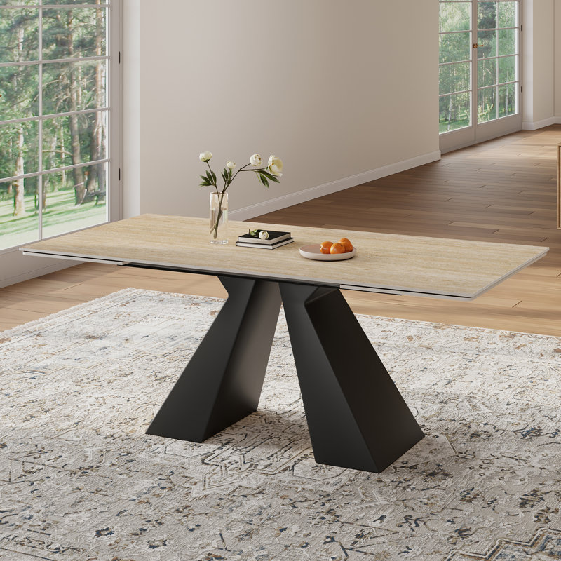 Extendable 63 to 94" 10-Seat Beige Sintered Stone Dining Table with Carbon Steel Base, Large Modern Rectangular Dining Room Table For Home, Kitchen, Living Room