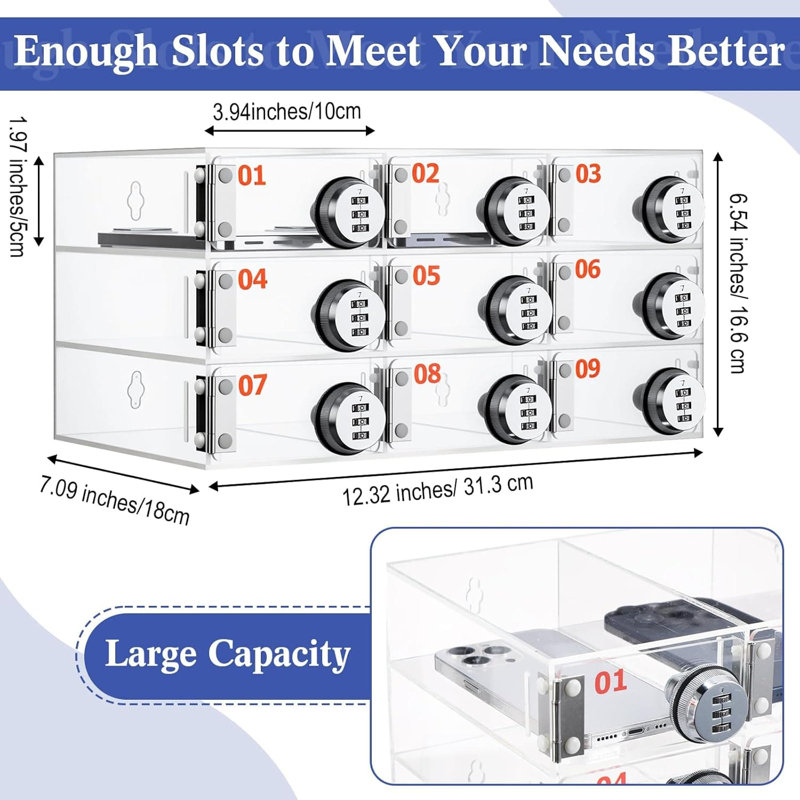 9-Slot Cell Phone Locker With Combination Lock, Clear Acrylic Storage Cabinet For Classroom, Office, And Workplace, Wall Mountable Phone Organizer For Students And Employees