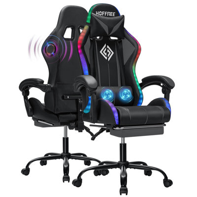 Gaming Chair With Bluetooth Speakers And RGB LED Lights Ergonomic Massage Video Game Chair With Footrest High Back With Lumbar Support