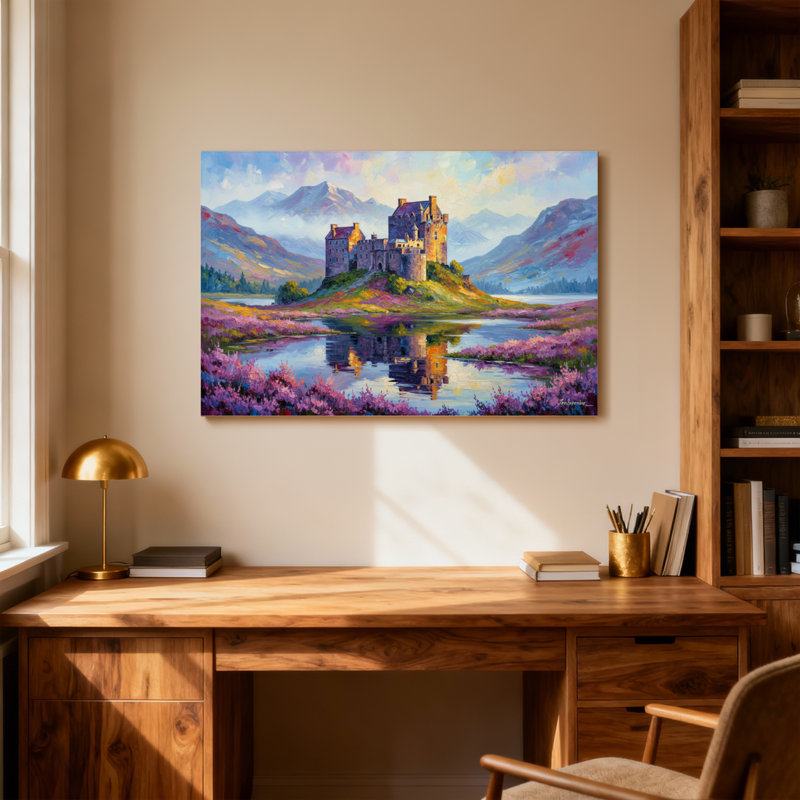 Paysage, nature, château, reflet, montagnes, fleurs, ciel, eau, paysage, H 20 po x l 30 po