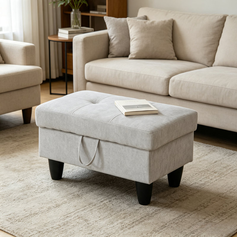 Rectangular Light Grey Tufted Fabric Storage Ottoman, Multi-Functional Footrest Bench with Hidden Storage, Supports 300 Lbs