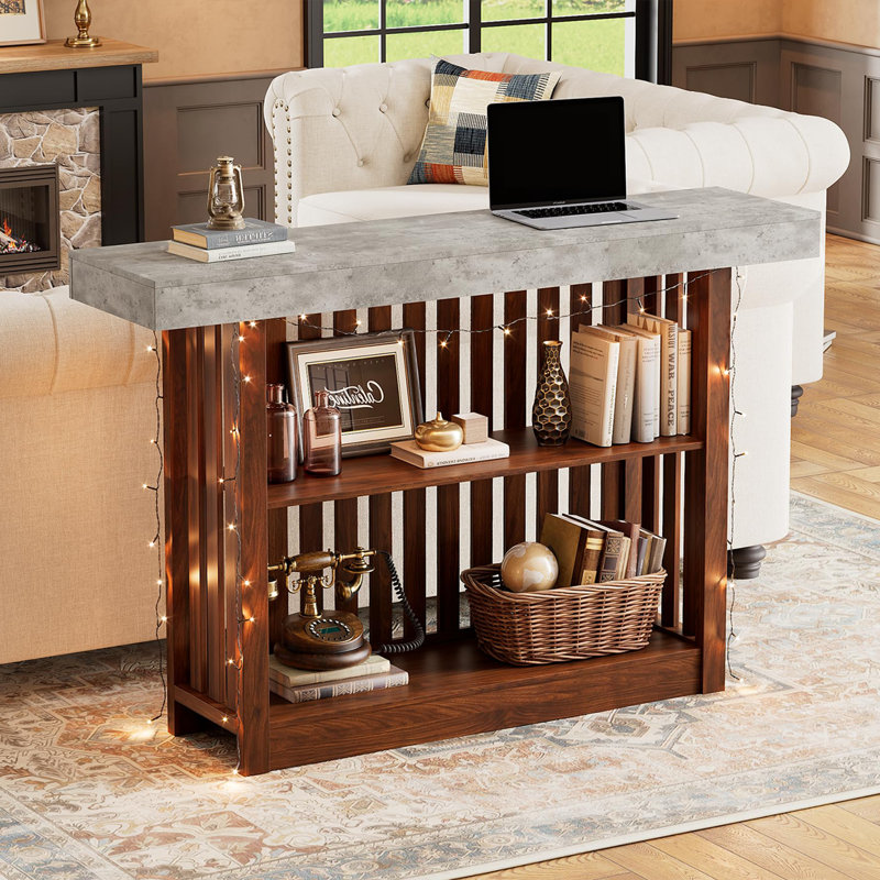 Modern 63-Inch Industrial Bar Table with 2-Tier Storage – Counter Height Pub Table for Restaurant, Bistro, or Home – Robust Design, Spacious Storage – Color: Cement Gray & Walnut