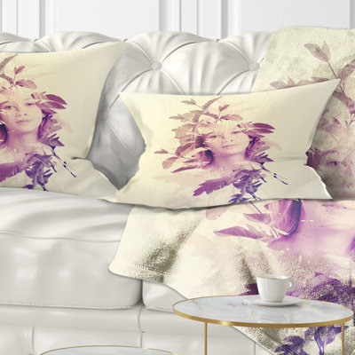 Portrait de femme avec feuilles - Coussin décoratif à imprimé portrait