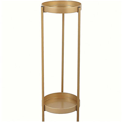 Support pour plante pliable moderne à 2 niveaux en métal avec 2 plateaux ronds pour l'intérieur et l'extérieur, polyvalent, doré