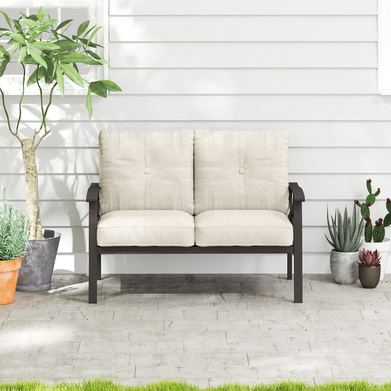 Outdoor Metal Loveseat with Soft Cushions, Coffee Frame/Khaki Cushion