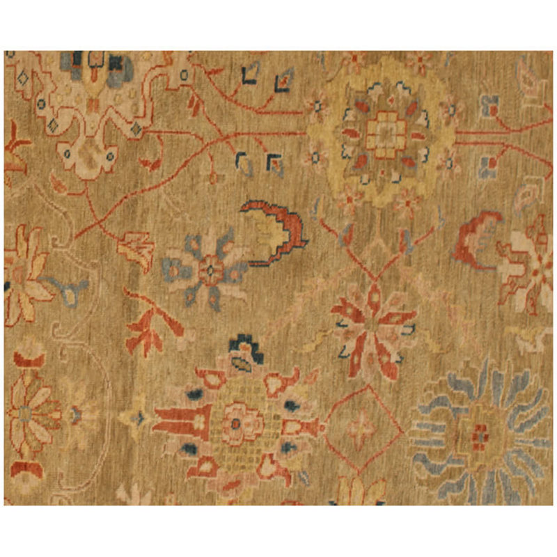 Tapis vert en laine noué à la main beige Oushak - Élégant tapis médaillon persan dans des tons de terre doux