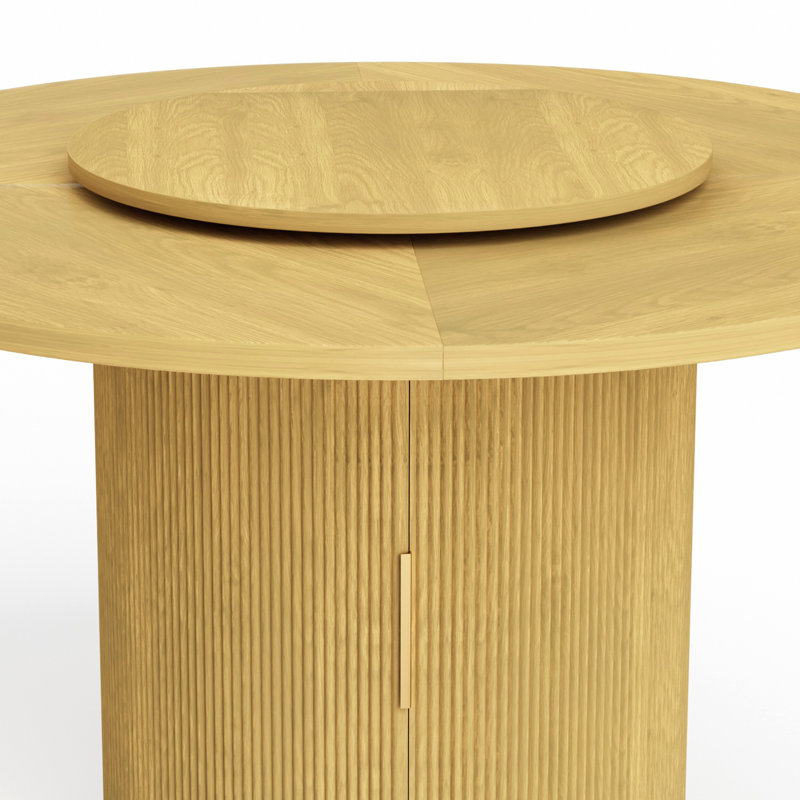 6-person Natural Wood Round Dining Table With A Tabletop Tray And Hidden Shelves, Medium Yellow Wood