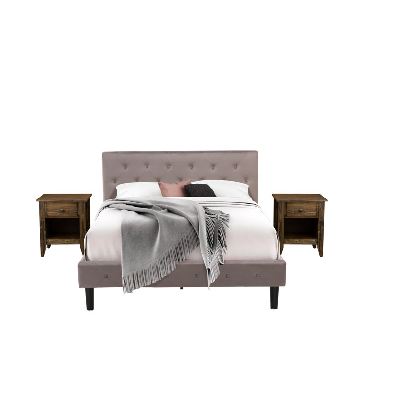 Ensemble de chambre à coucher 3 pièces - Grand lit capitonné à boutons - Tête de lit tapissier en velours taupe brun avec table de chevet à finition jacobine patinée