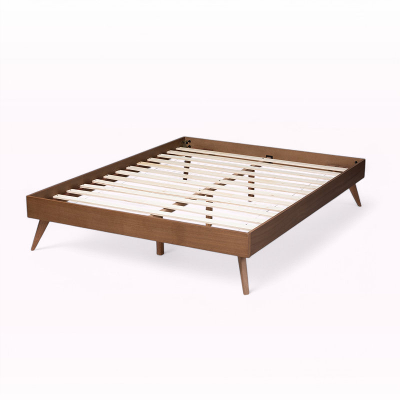 Mid-Century Modern Walnut Brown Full Platform Bed with Tufted Upholstery