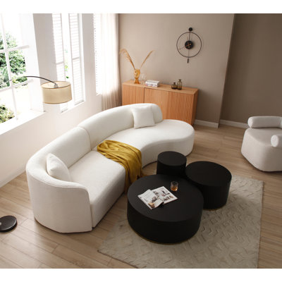 Ensemble de 2 pièces de canapé de salon de luxe de style moderne avec revêtement courbé et méridienne, canapé modulaire faisant face à la droite, canapé Boucle, blanc