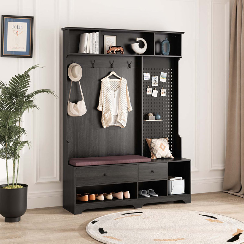Arbre d'entrée polyvalent avec banc d'entrée en lin amovible, portemanteau, tablettes de rangement et panneau perforé pour le couloir et le salon