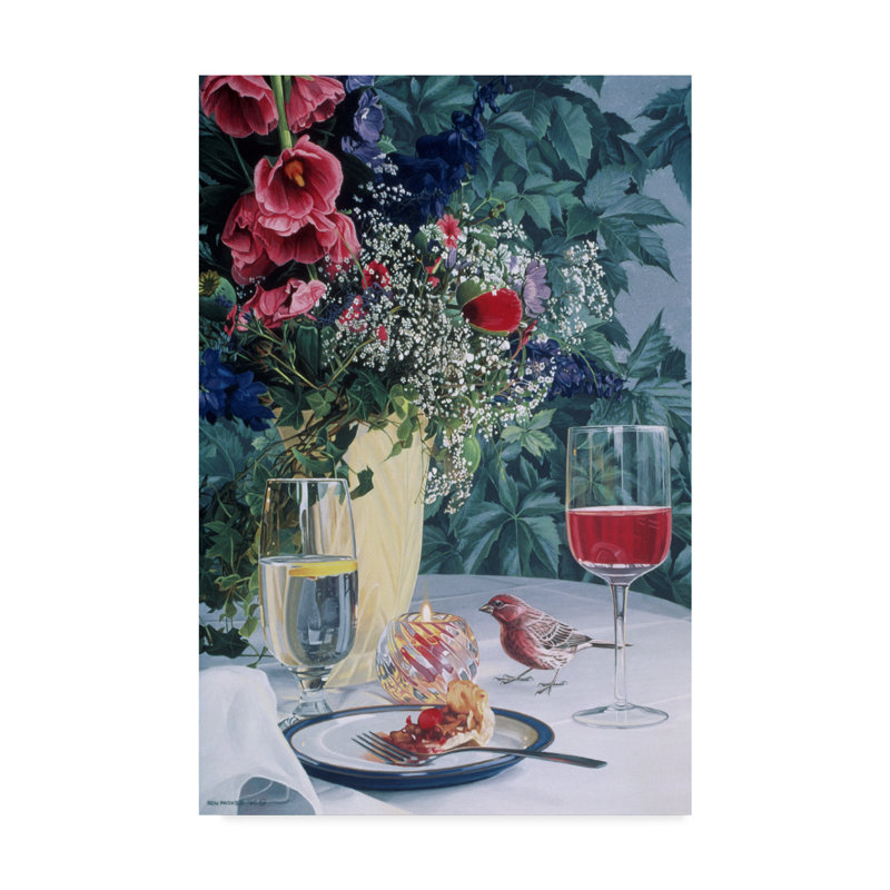 Modern Symmetrical Framed Canvas Art with Bird and Wine Glass