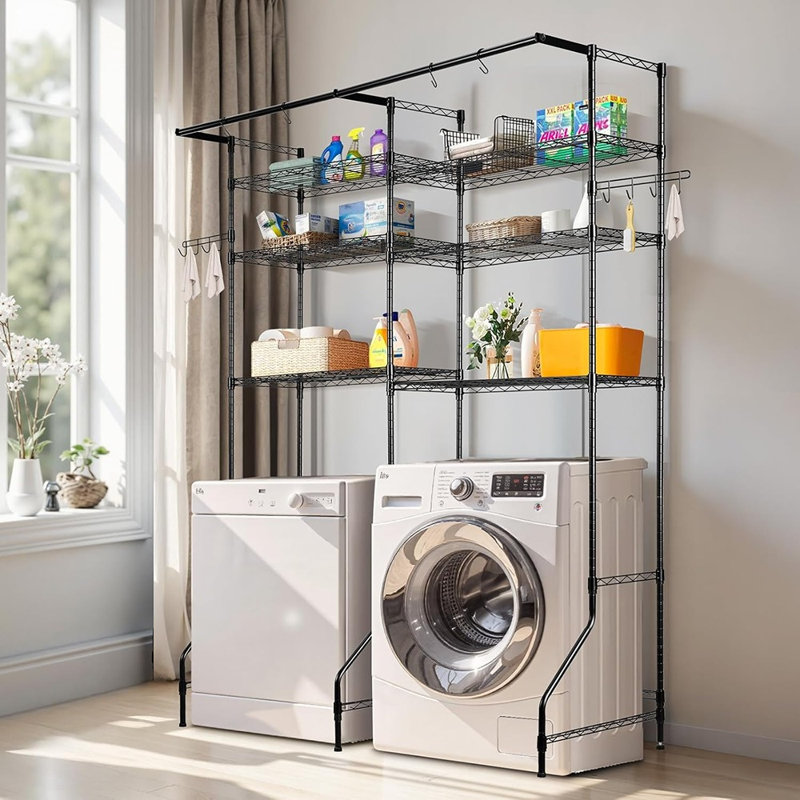 Au-dessus des étagères de rangement pour la laveuse et la sécheuse, organisateur de salle de lavage à 6 niveaux avec support de séchage, étagères réglables, tringle et crochets, support de rangement peu encombrant pour l'organisation de la salle de lavage, noir