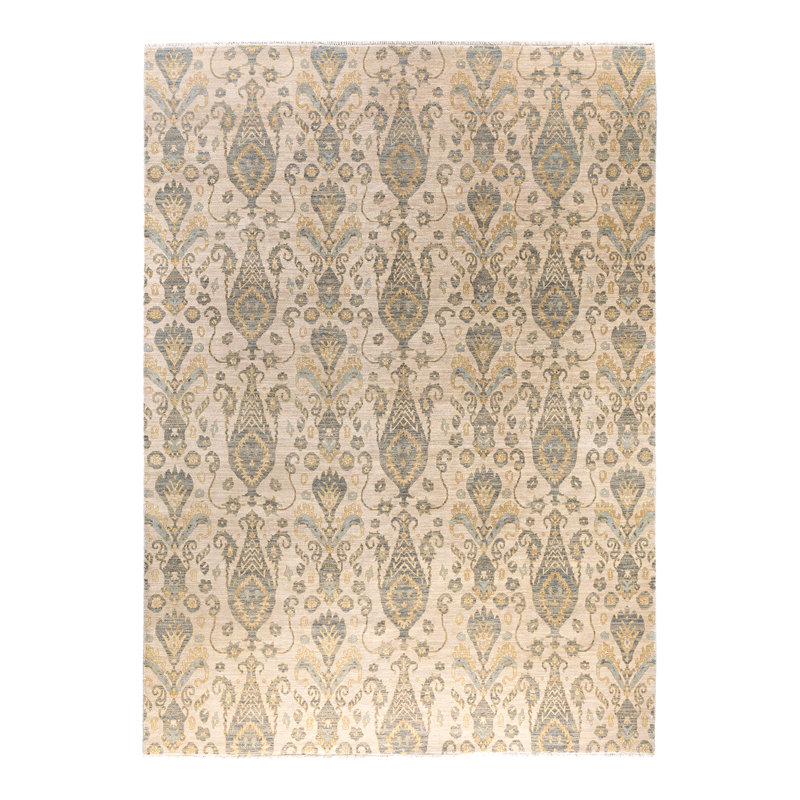 Tapis noué à la main de conception unique Ikat - ivoire, 9 pi 1 po x 12 pi 4 po