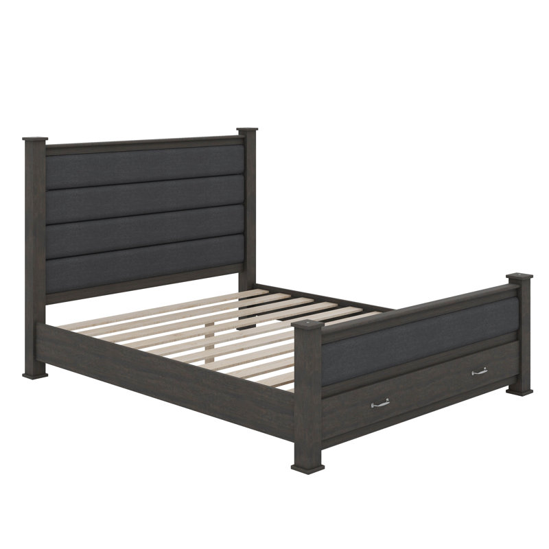 Grand lit plateforme en bois avec tête de lit, pied de lit et 2 tiroirs, Gris antique