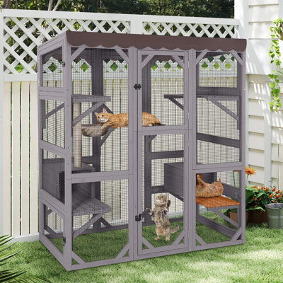 Wooden Catio Outdoor Cat Enclosure,large Luxury Kitty-house With 7 Jumping Platforms & Weatherproof Asphalt Roof,walk-in Kitty Kennel Condo Shelter And 2 Napping Houses (grey, Large)