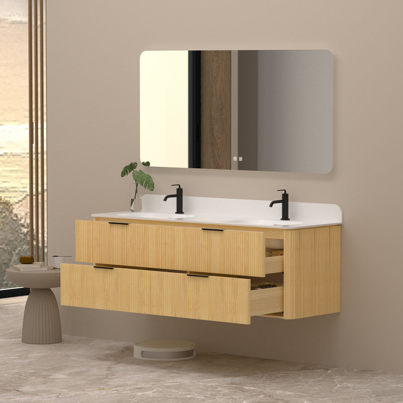 Oakridge 60 Inch Wall Mounted Double Bathroom Vanity With Top With Overflow, Pre-Assembled, 60"