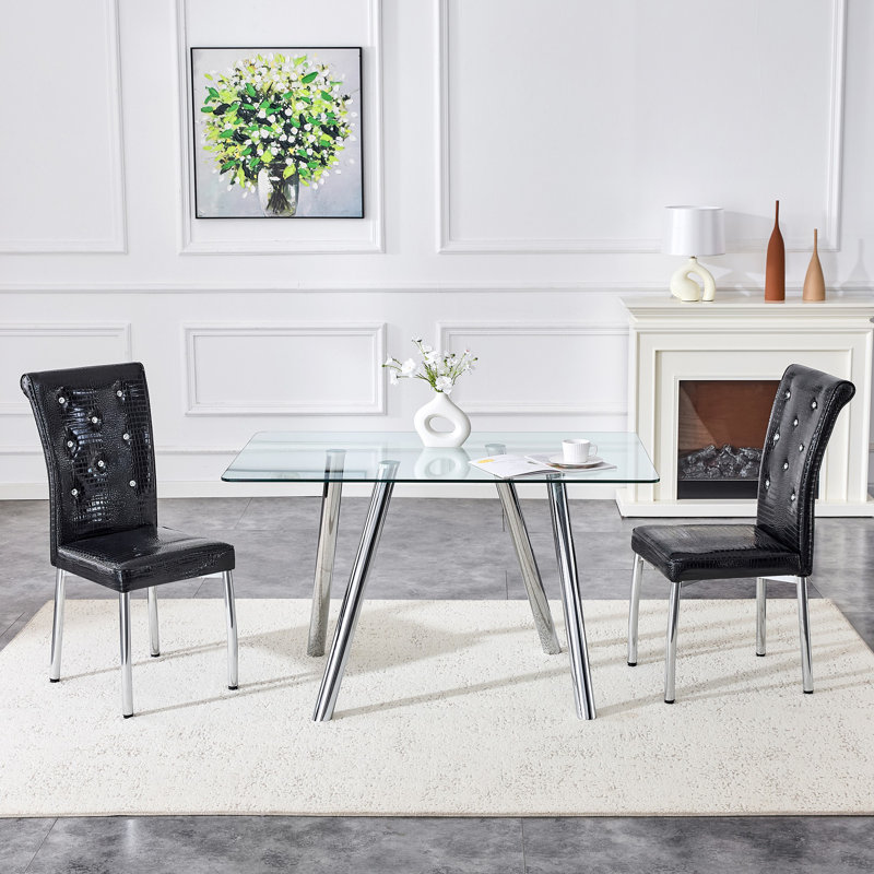 Tempered Glass Dining Table With Sturdy Metal Legs, Silver