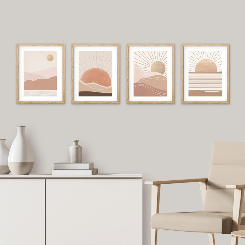 Ensemble de 4 décorations murales encadrées sur papier Mid-Century, H 14 po x l 11 po x P 1 po, Naturel