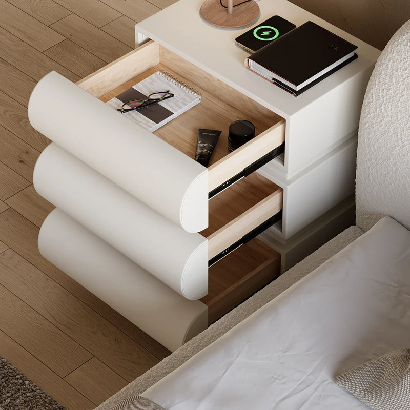 Modern White Leather Smart Nightstand with Wireless Charger and Drawers