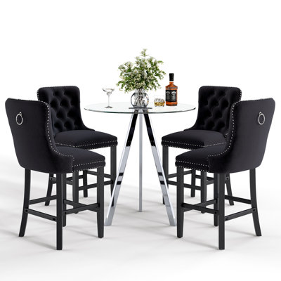 Tempered Glass Round Bar Table Set, Bar Height Set, Tempered Glass Round Dining Table And Height Bar Stools